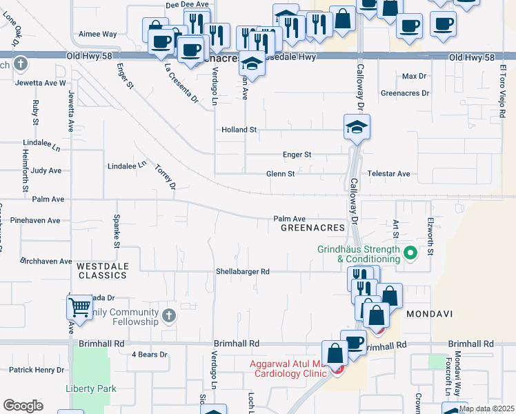 map of restaurants, bars, coffee shops, grocery stores, and more near 10300 Palm Avenue in Bakersfield