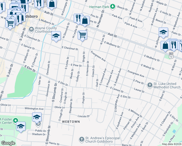 map of restaurants, bars, coffee shops, grocery stores, and more near 406 South Creech Street in Goldsboro