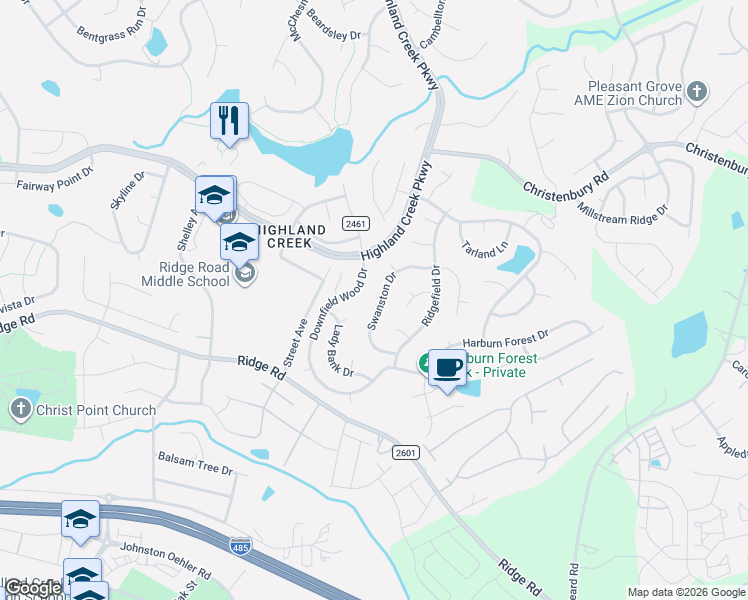 map of restaurants, bars, coffee shops, grocery stores, and more near 5825 Downfield Wood Drive in Charlotte