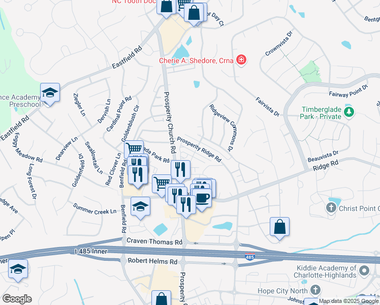 map of restaurants, bars, coffee shops, grocery stores, and more near 4639 Forestridge Commons Drive in Charlotte