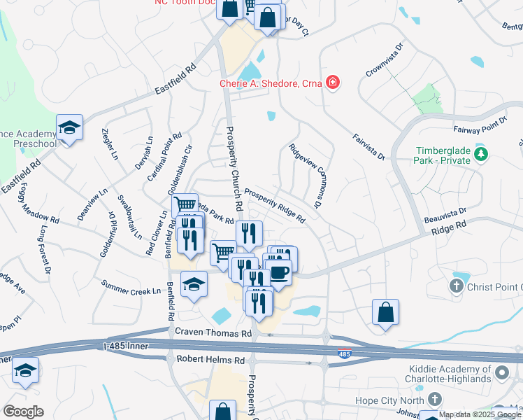 map of restaurants, bars, coffee shops, grocery stores, and more near 4639 Forestridge Commons Drive in Charlotte