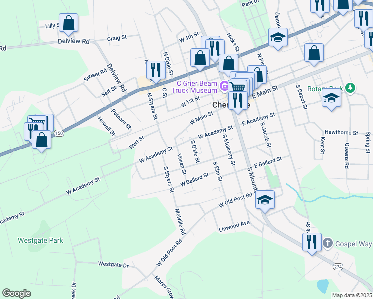 map of restaurants, bars, coffee shops, grocery stores, and more near 16 West Academy Street in Cherryville
