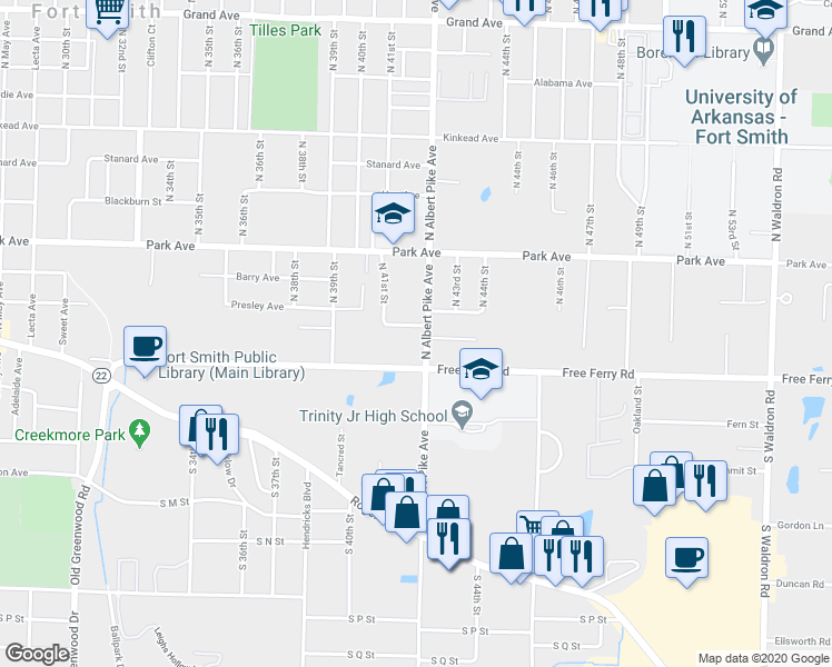map of restaurants, bars, coffee shops, grocery stores, and more near 135 North Albert Pike Avenue in Fort Smith