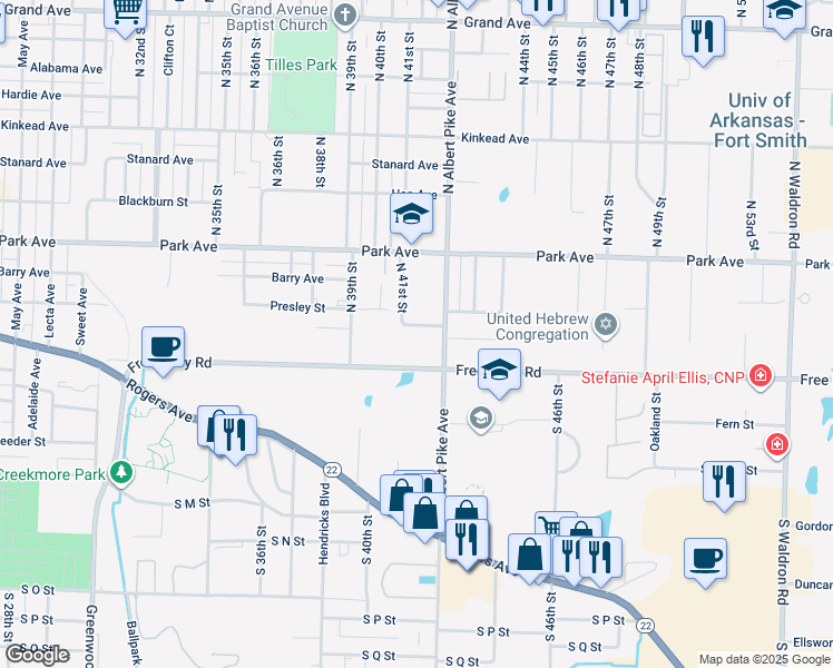 map of restaurants, bars, coffee shops, grocery stores, and more near 4102 Free Ferry Lane in Fort Smith