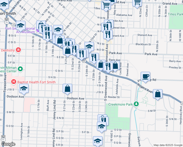 map of restaurants, bars, coffee shops, grocery stores, and more near 721 South 25th Street in Fort Smith