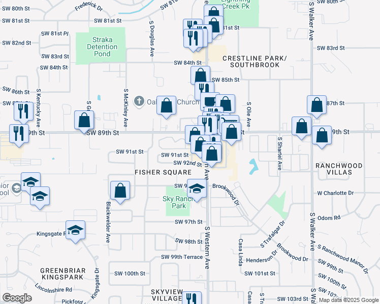 map of restaurants, bars, coffee shops, grocery stores, and more near 905 Southwest 91st Street in Oklahoma City