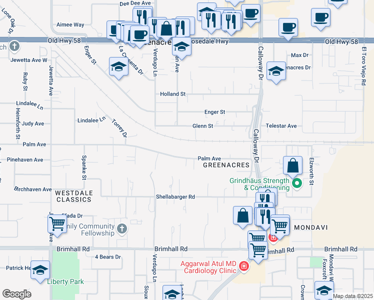 map of restaurants, bars, coffee shops, grocery stores, and more near 10300 Palm Avenue in Bakersfield
