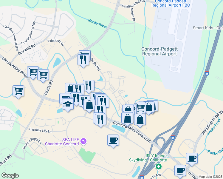 map of restaurants, bars, coffee shops, grocery stores, and more near 420 Blue Sky Drive in Concord