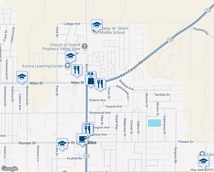 map of restaurants, bars, coffee shops, grocery stores, and more near 1820 Pyxis Street in Bakersfield
