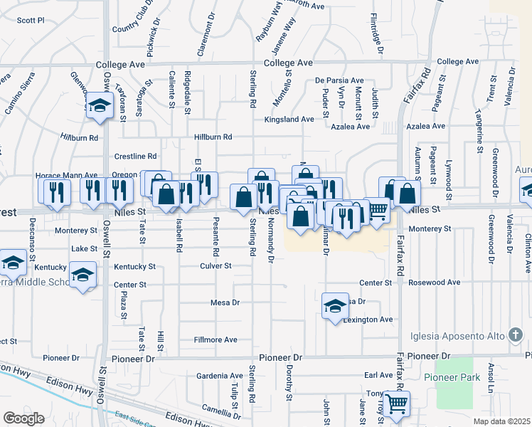 map of restaurants, bars, coffee shops, grocery stores, and more near 3907 Niles Street in Bakersfield
