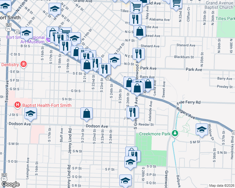 map of restaurants, bars, coffee shops, grocery stores, and more near 721 South 25th Street in Fort Smith
