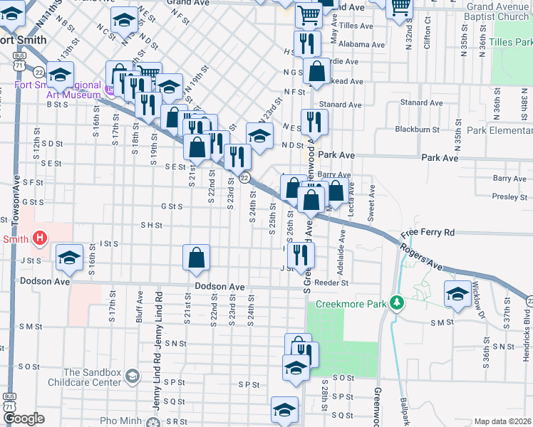 map of restaurants, bars, coffee shops, grocery stores, and more near 721 South 25th Street in Fort Smith