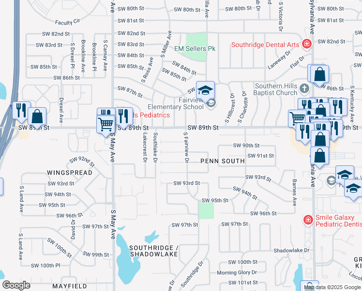 map of restaurants, bars, coffee shops, grocery stores, and more near 2604 Southwest 90th Place in Oklahoma City