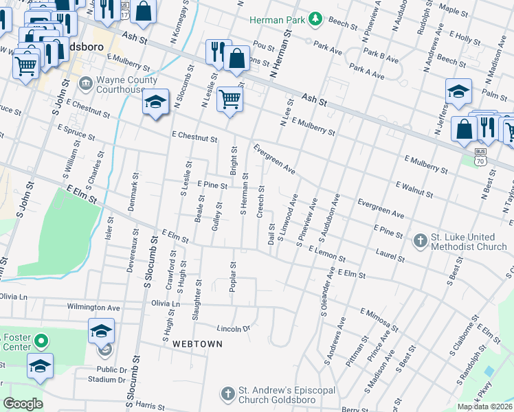 map of restaurants, bars, coffee shops, grocery stores, and more near 406 South Creech Street in Goldsboro