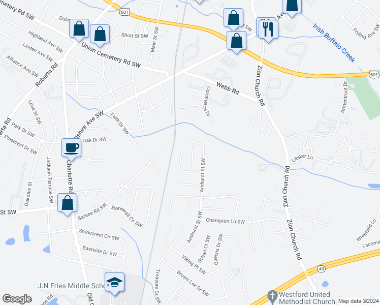 map of restaurants, bars, coffee shops, grocery stores, and more near 533 Pullman Street Southwest in Concord