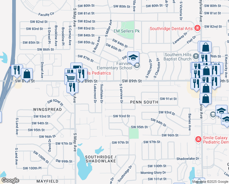map of restaurants, bars, coffee shops, grocery stores, and more near 2612 Southwest 90th Place in Oklahoma City