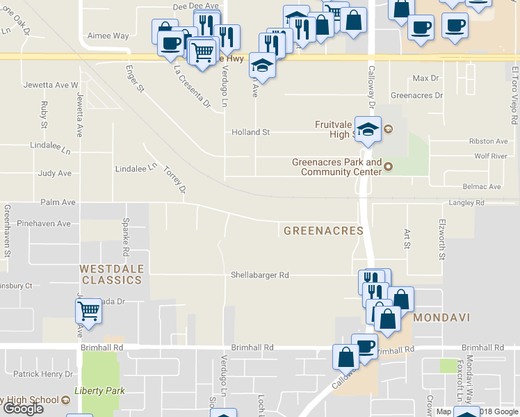 map of restaurants, bars, coffee shops, grocery stores, and more near 10300 Palm Avenue in Bakersfield