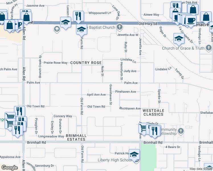 map of restaurants, bars, coffee shops, grocery stores, and more near 11709 Palm Avenue in Bakersfield