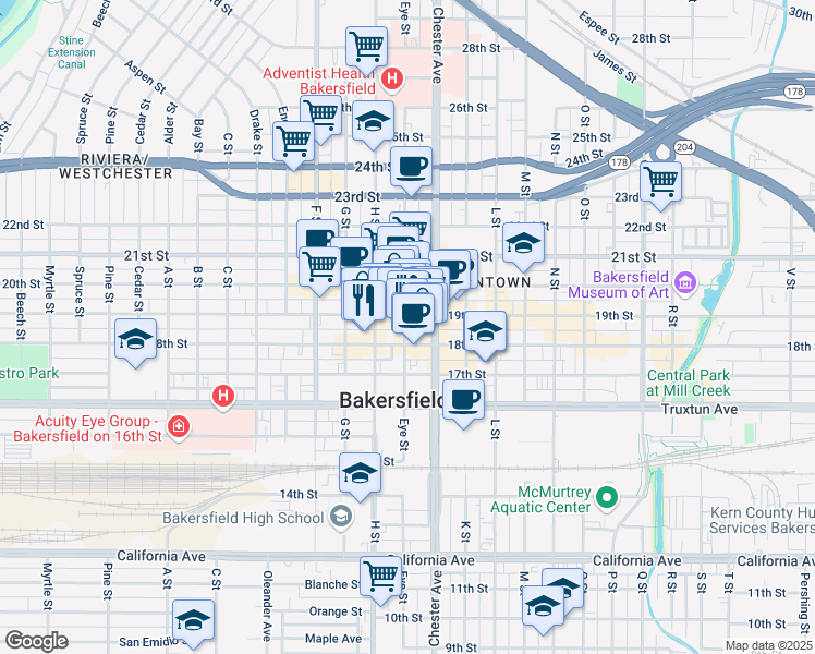 map of restaurants, bars, coffee shops, grocery stores, and more near 1820 Eye Street in Bakersfield