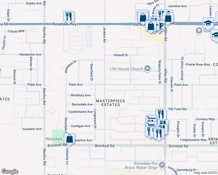 map of restaurants, bars, coffee shops, grocery stores, and more near 13604 Providence Place in Bakersfield