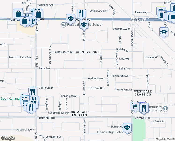 map of restaurants, bars, coffee shops, grocery stores, and more near 12009 Palm Avenue in Bakersfield