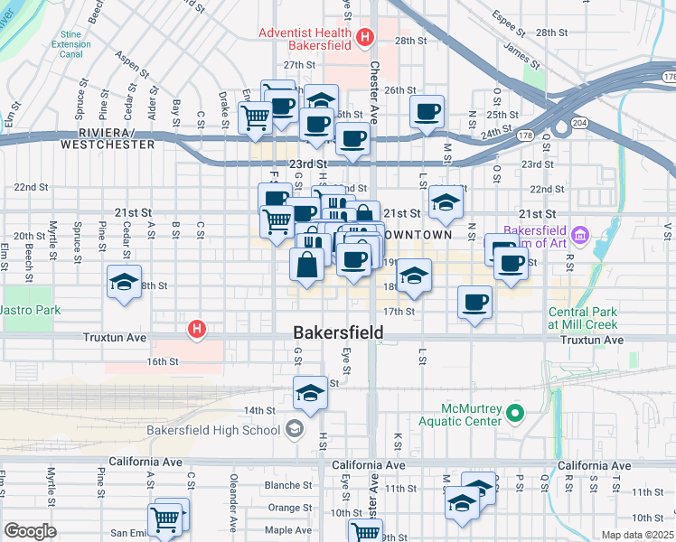 map of restaurants, bars, coffee shops, grocery stores, and more near 1820 Eye Street in Bakersfield