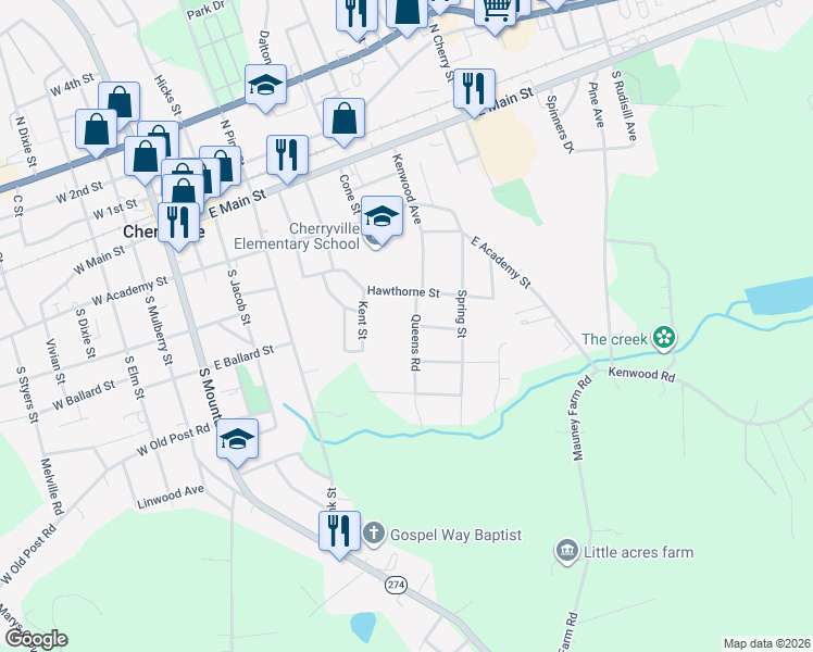 map of restaurants, bars, coffee shops, grocery stores, and more near 600 Queens Road in Cherryville