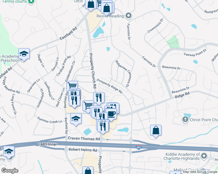 map of restaurants, bars, coffee shops, grocery stores, and more near 4955 Prosperity Ridge Road in Charlotte