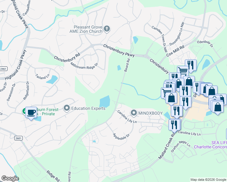 map of restaurants, bars, coffee shops, grocery stores, and more near 3601 Beard Road in Charlotte