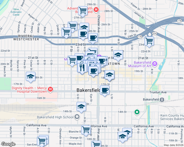 map of restaurants, bars, coffee shops, grocery stores, and more near 1820 Eye Street in Bakersfield