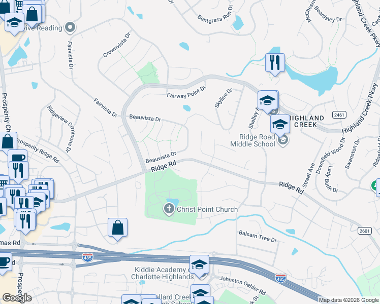 map of restaurants, bars, coffee shops, grocery stores, and more near 4219 Beauvista Drive in Charlotte