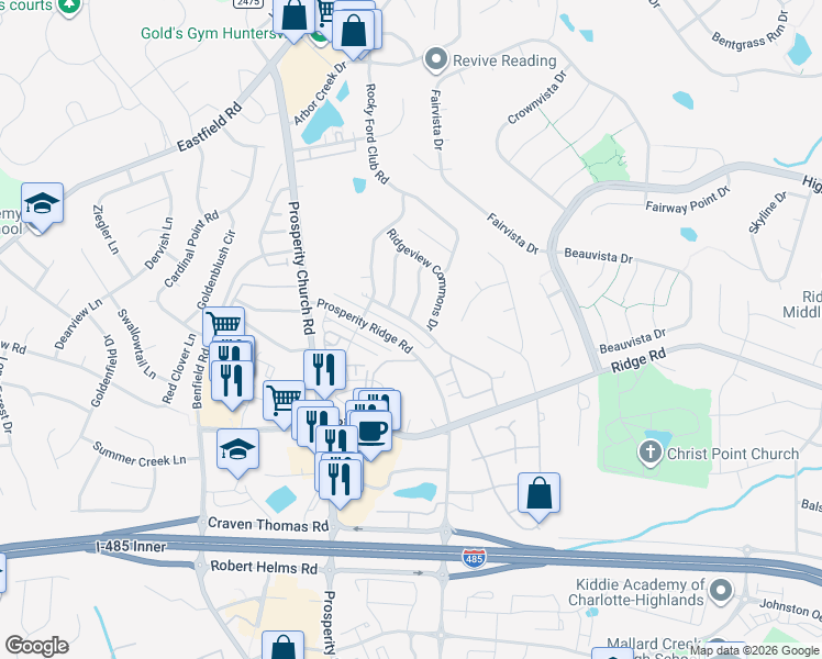 map of restaurants, bars, coffee shops, grocery stores, and more near 5315 Prosperity View Drive in Charlotte