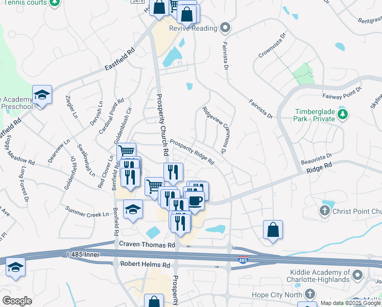 map of restaurants, bars, coffee shops, grocery stores, and more near 4955 Prosperity Ridge Road in Charlotte