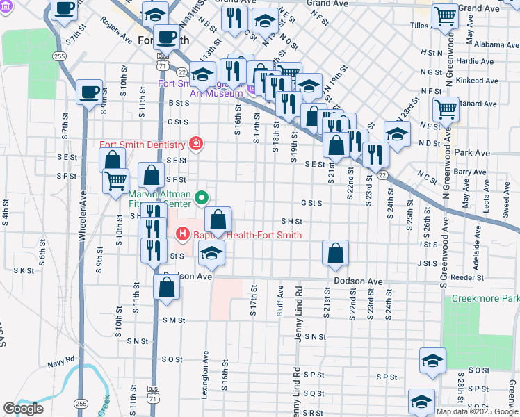 map of restaurants, bars, coffee shops, grocery stores, and more near 804 South 18th Street in Fort Smith