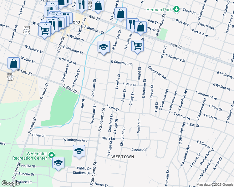 map of restaurants, bars, coffee shops, grocery stores, and more near 414 South Leslie Street in Goldsboro