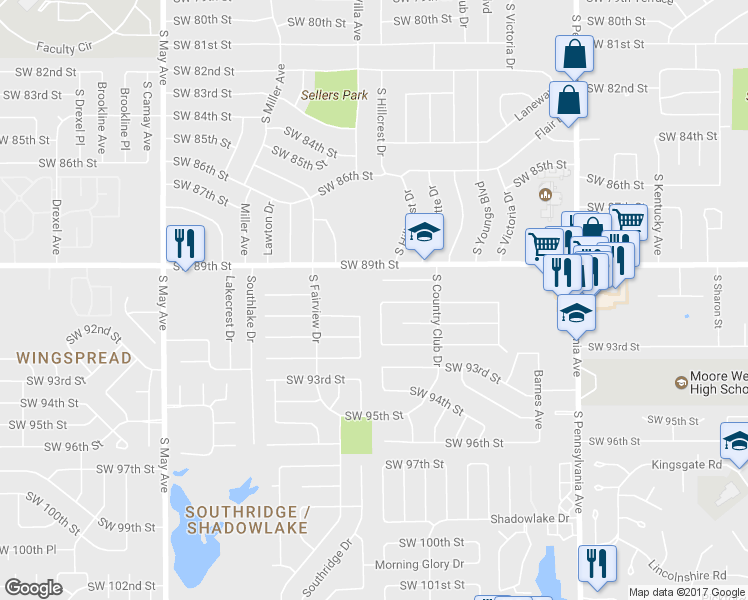 map of restaurants, bars, coffee shops, grocery stores, and more near 2449 Southwest 90th Street in Oklahoma City