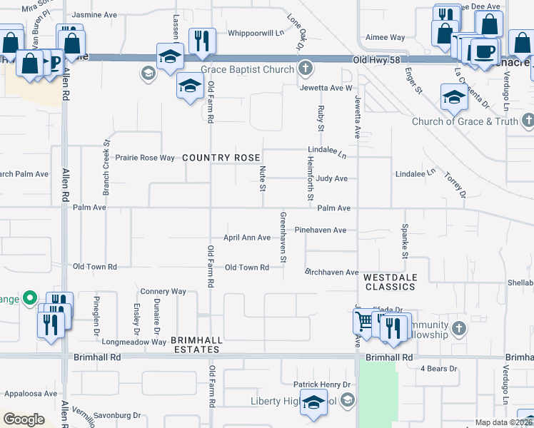 map of restaurants, bars, coffee shops, grocery stores, and more near 11709 Palm Avenue in Bakersfield