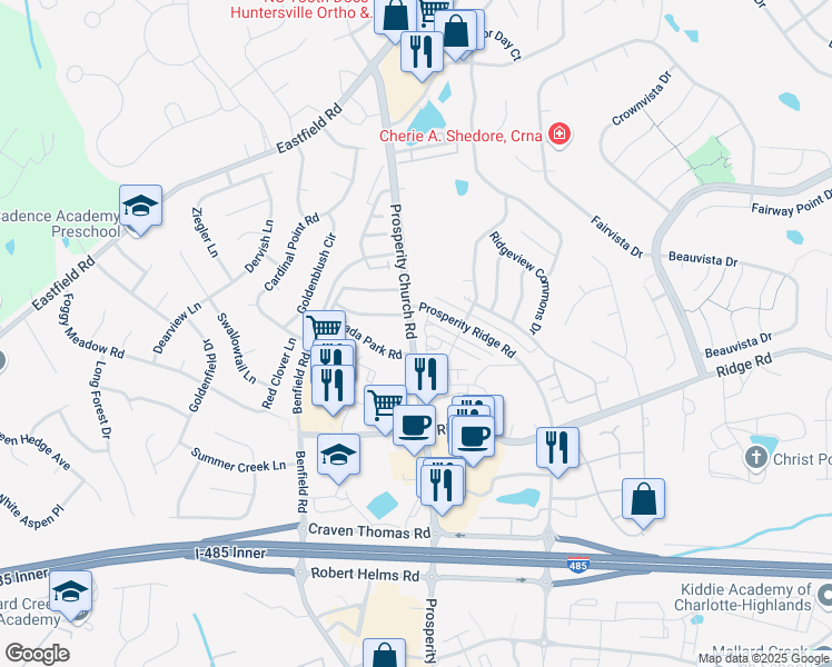 map of restaurants, bars, coffee shops, grocery stores, and more near 6154 Prosperity Church Road in Charlotte