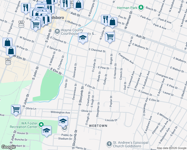 map of restaurants, bars, coffee shops, grocery stores, and more near 414 South Leslie Street in Goldsboro