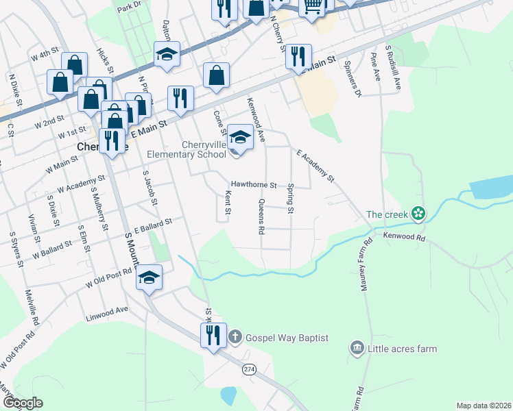 map of restaurants, bars, coffee shops, grocery stores, and more near 600 Queens Road in Cherryville