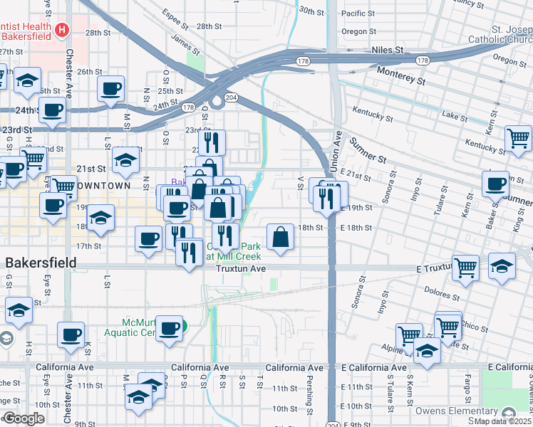 map of restaurants, bars, coffee shops, grocery stores, and more near 429 19th Street in Bakersfield
