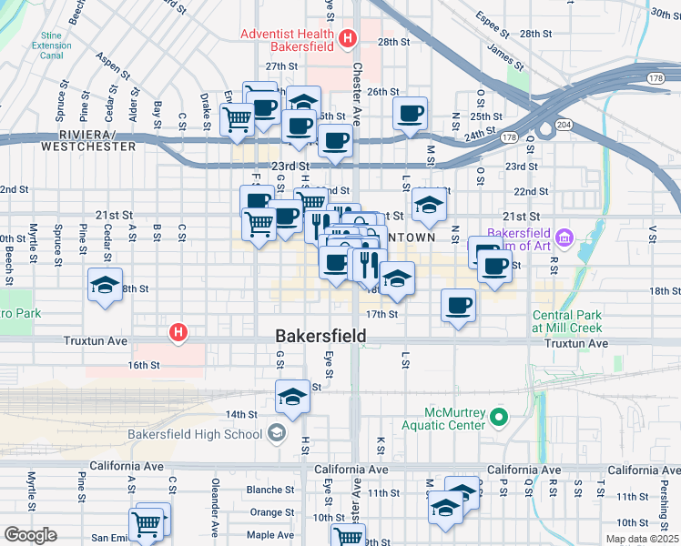 map of restaurants, bars, coffee shops, grocery stores, and more near 1825 Chester Avenue in Bakersfield