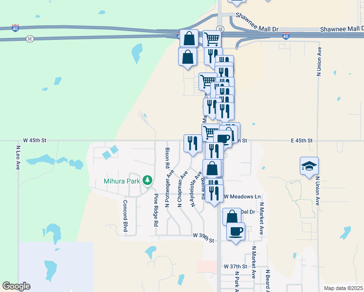 map of restaurants, bars, coffee shops, grocery stores, and more near 4409 North Pottenger Avenue in Shawnee