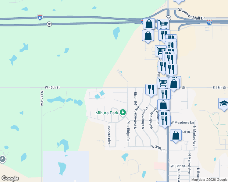 map of restaurants, bars, coffee shops, grocery stores, and more near 16 Oak Hollow Road in Shawnee