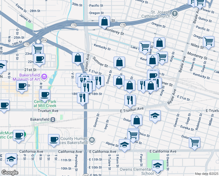 map of restaurants, bars, coffee shops, grocery stores, and more near 309 East 19th Street in Bakersfield