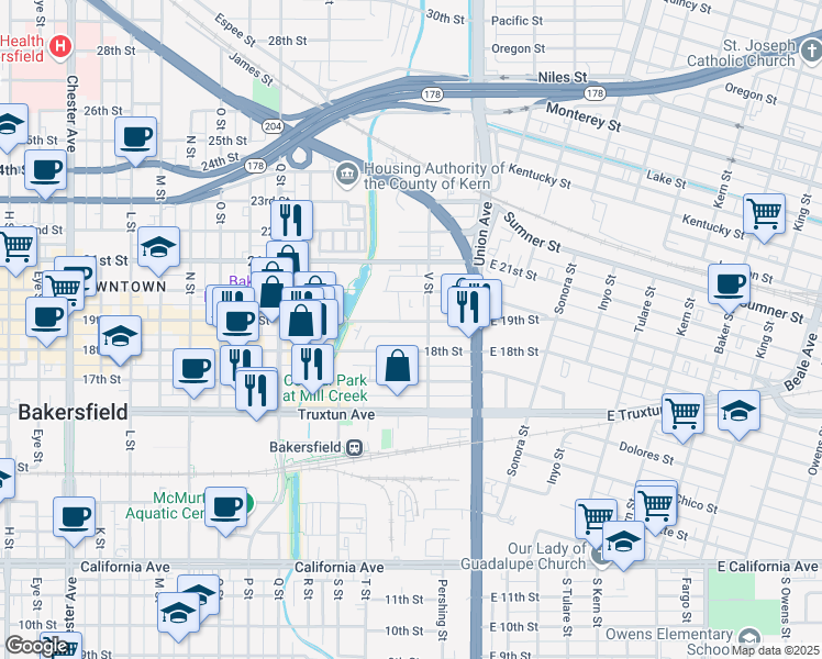 map of restaurants, bars, coffee shops, grocery stores, and more near 321 19th Street in Bakersfield