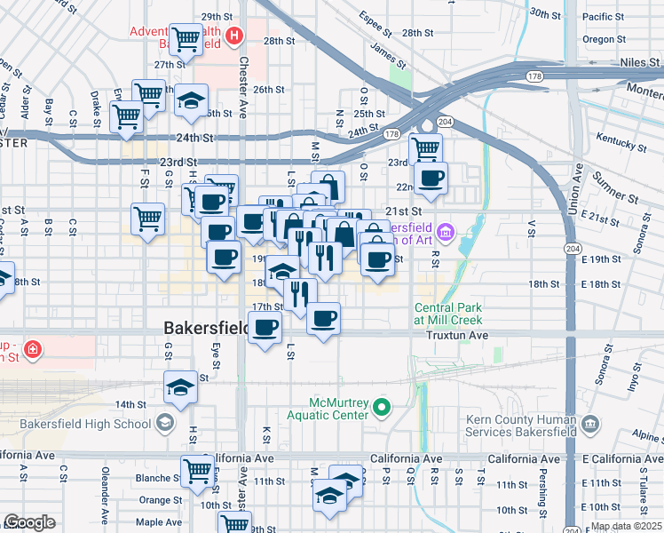 map of restaurants, bars, coffee shops, grocery stores, and more near 1101 19th Street in Bakersfield