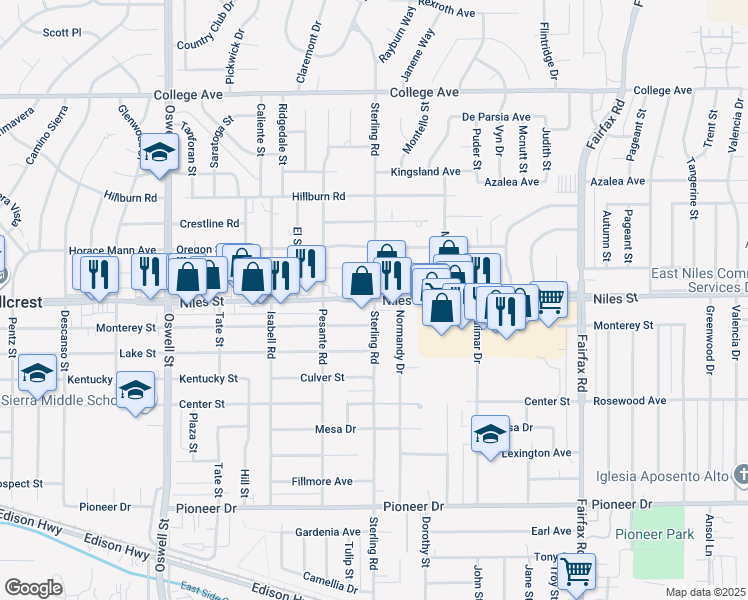 map of restaurants, bars, coffee shops, grocery stores, and more near Niles St & Sterling Rd in Bakersfield