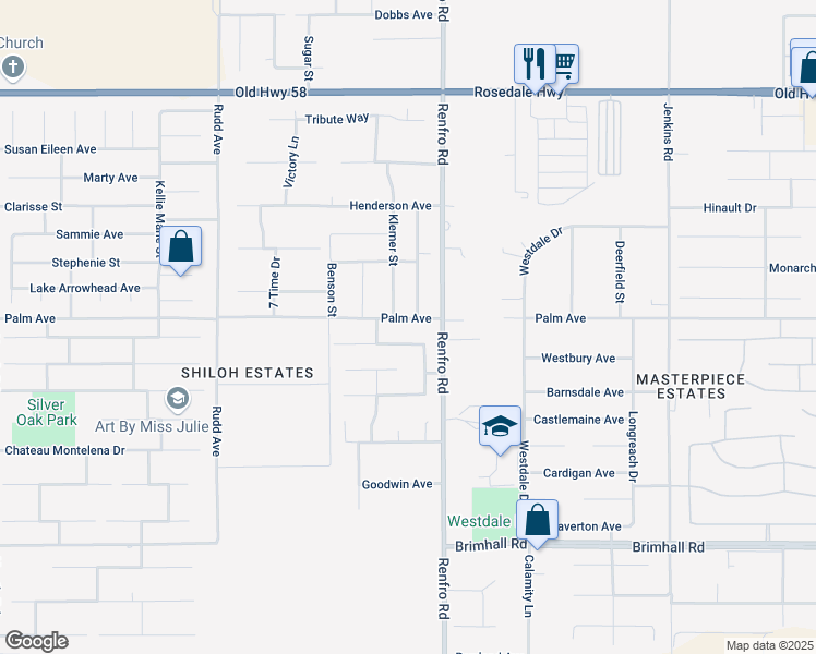 map of restaurants, bars, coffee shops, grocery stores, and more near 14601 Palm Avenue in Bakersfield
