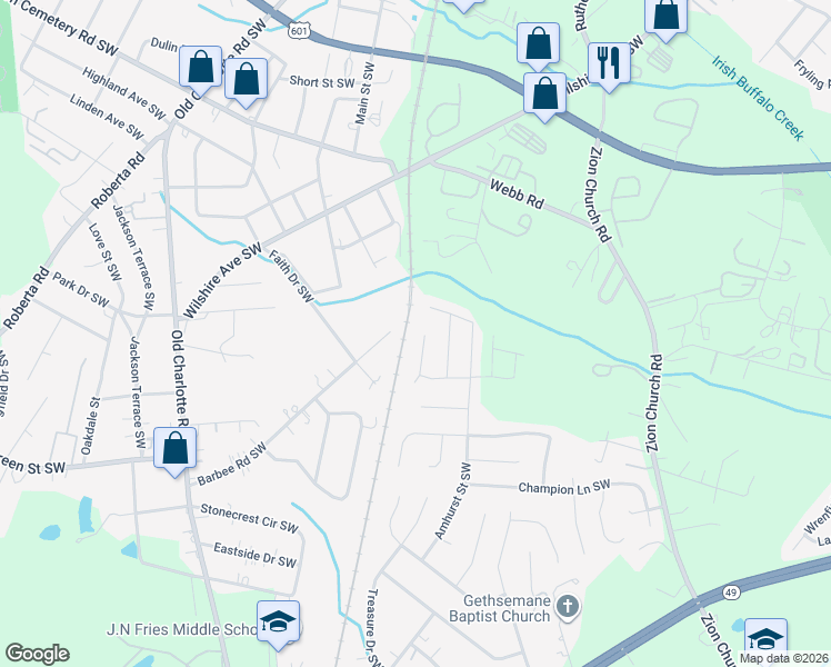 map of restaurants, bars, coffee shops, grocery stores, and more near 551 Railway Place Southwest in Concord